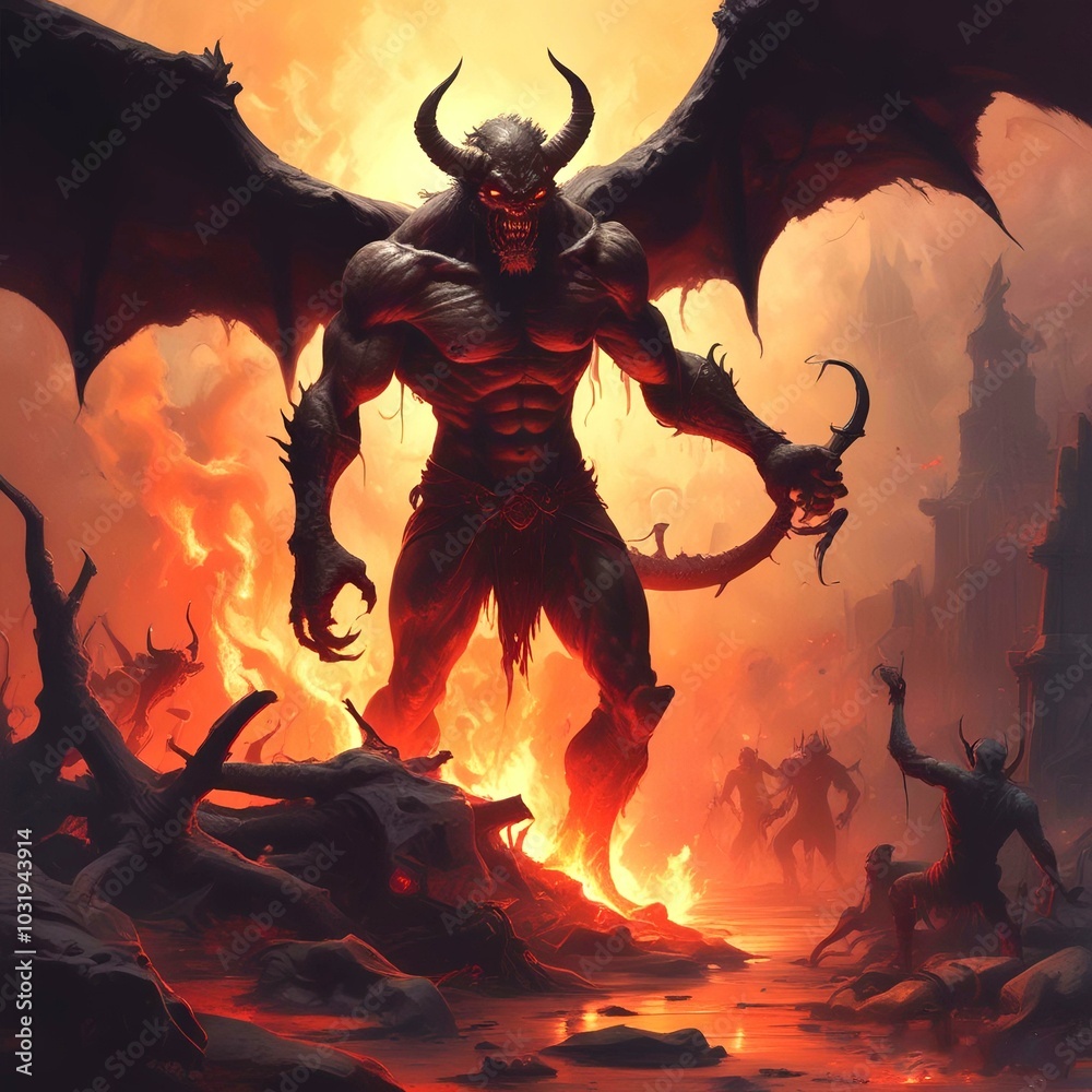 Illustraton of demon in spoky hell environment. Illustraton of demon in spoky hell environment.