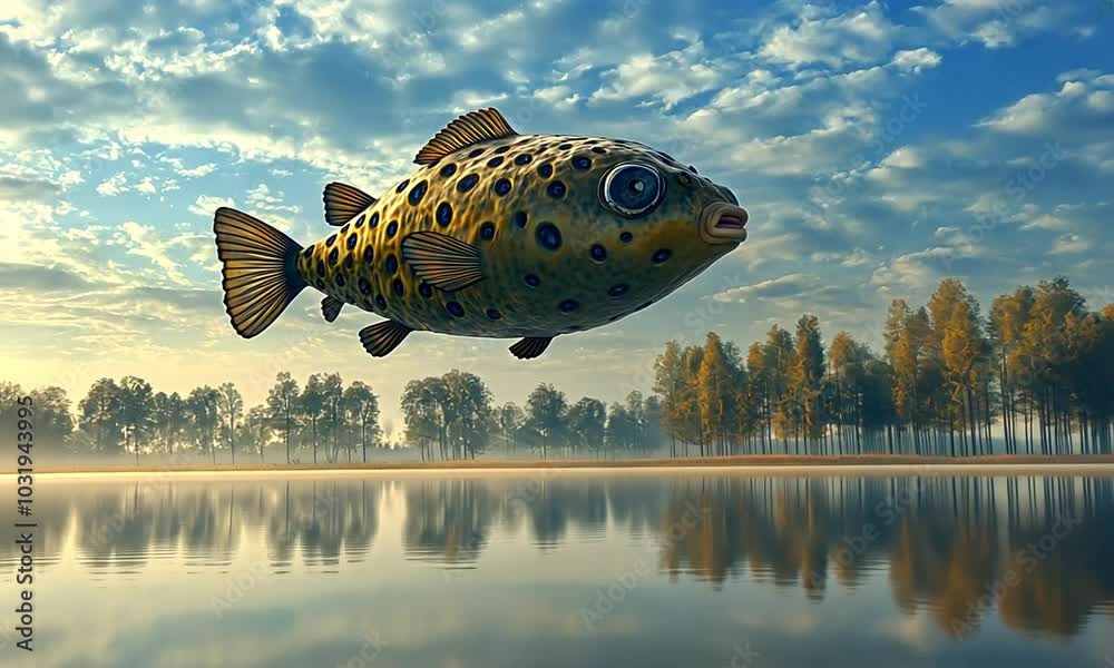 Fish Trees Reflection A spotted fish floats above a calm lake, its reflection visible in the ...