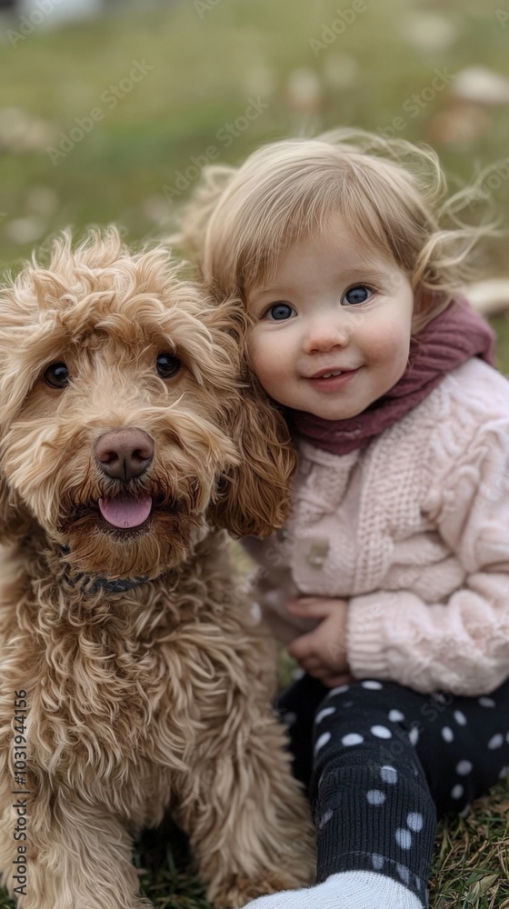 A joyful toddler and her furry friend enjoy a sunny autumn day in the park A joyful toddler and her furry friend enjoy a sunny autumn day in the park