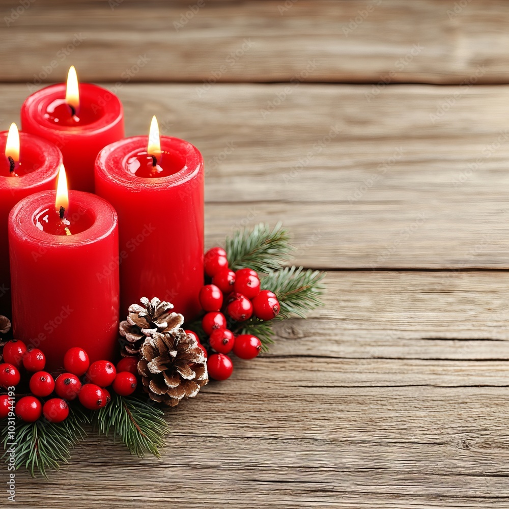 Four red candles surrounded by pine, berries, and pinecones on a wooden surface. Four red candles surrounded by pine, berries, and pinecones on a wooden surface.