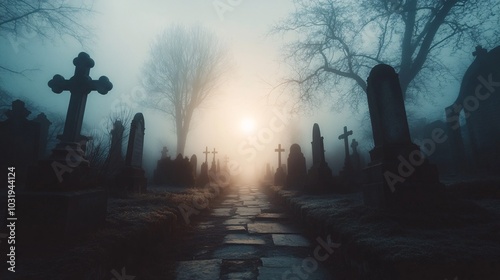 Wallpaper Mural Eerie mist envelops a cemetery at dusk, highlighting gravestones and silhouettes of trees, creating an atmosphere of solitude and reflection. Torontodigital.ca