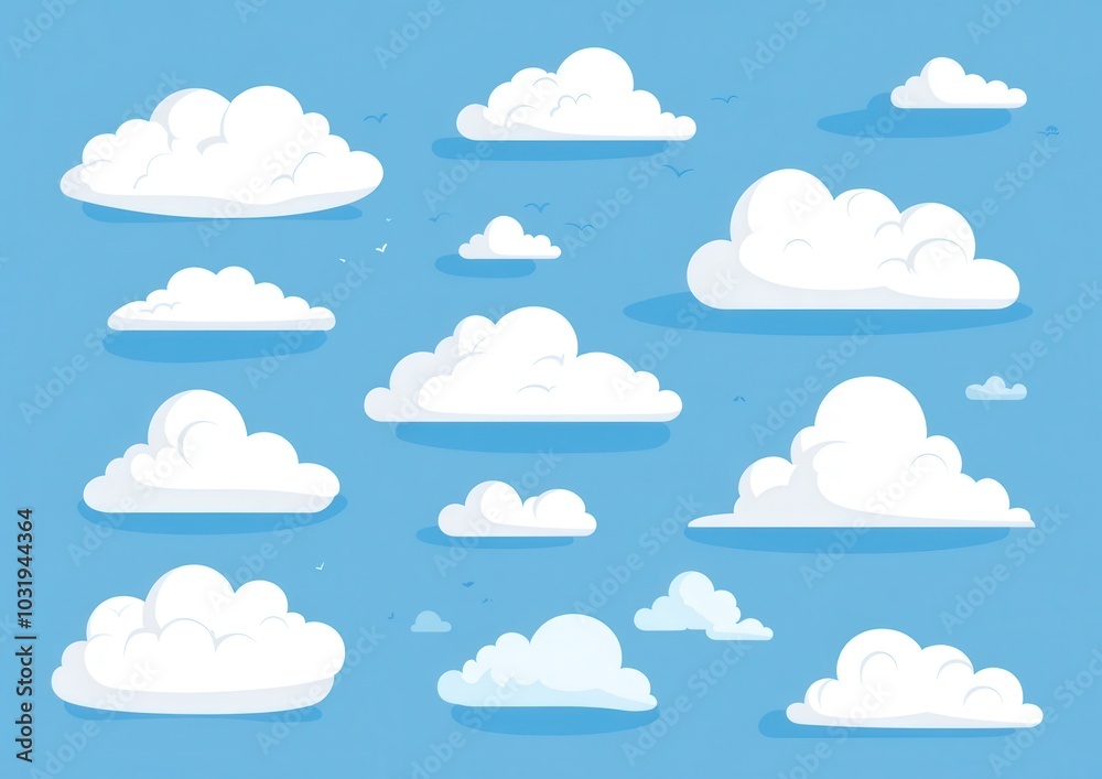 A collection of clouds in various sizes and shapes, with some birds flying in the sky. Scene is peaceful and serene, with the clouds and birds creating a sense of calmness and tranquility A collection of clouds in various sizes and shapes, with some birds flying in the sky. Scene is peaceful and serene, with the clouds and birds creating a sense of calmness and tranquility