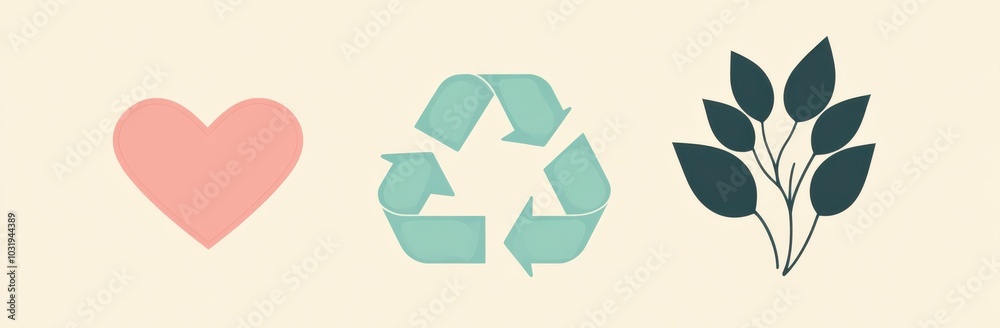 A heart, a recycle sign and a leaf are shown in a row. The heart is pink and the recycle sign is blue. The leaf is green. Concept of love, care and environmental responsibility A heart, a recycle sign and a leaf are shown in a row. The heart is pink and the recycle sign is blue. The leaf is green. Concept of love, care and environmental responsibility