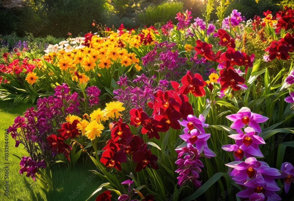 Fototapeta premium vibrant blooms arranged colorful garden flowers creating stunning display beautiful palette, arrangements, blossoms, bedding, beauty, container, decor