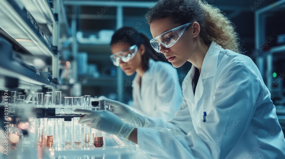 Female scientists working in a lab, conducting cutting-edge research and making breakthroughs in science and technology