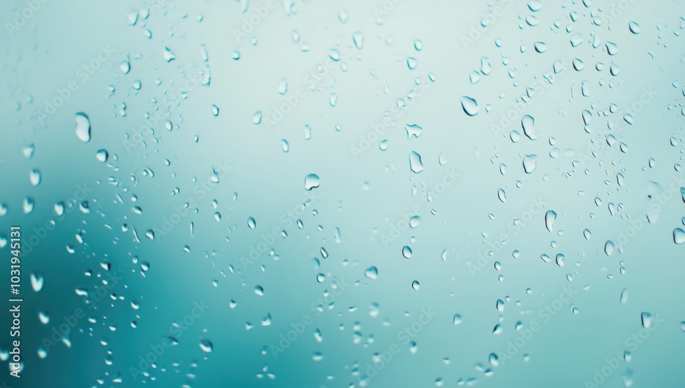 A window with raindrops on it. The raindrops are small and scattered, creating a blurry effect. Scene is calm and peaceful, as the raindrops fall gently on the window