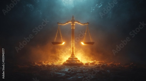 The scale of justice radiates a warm glow in a magical forest, surrounded by mist and darkness, symbolizing balance and fairness in a mystical setting. photo