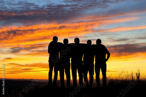 A group of five people are standing on a hillside, with the sun setting in the background. The silhouettes of the people create a sense of unity and togetherness