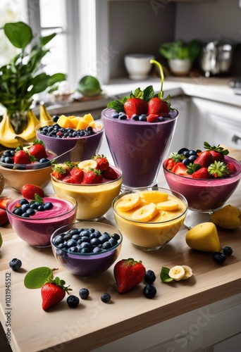 colorful display vibrant smoothie ingredients bowls featuring fresh fruits tasty additives, berries, banana, mango, kiwi, spinach, kale, yogurt, honey