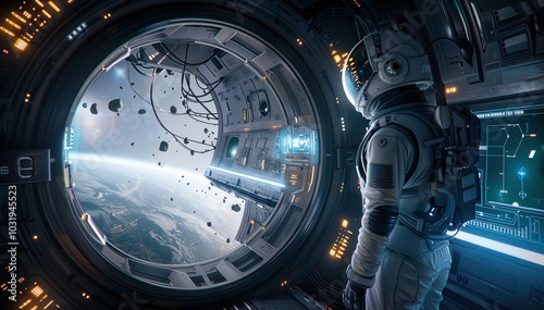 Wallpaper Mural astronaut gazing through a spacecraft window at floating debris and earth, surrounded by futuristic control panels and technology in deep space Torontodigital.ca