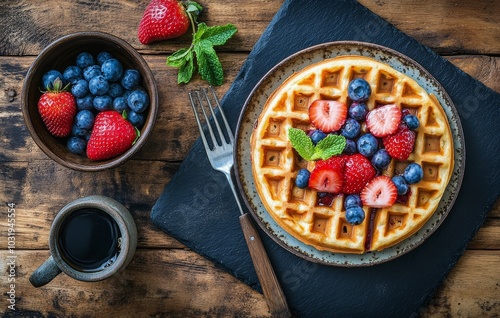 Waffle topped with fresh strawberries and blueberries on a wooden table. Deli...