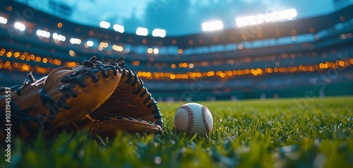 A baseball glove rests beside a ball on the grass at a dimly lit stadium duri...