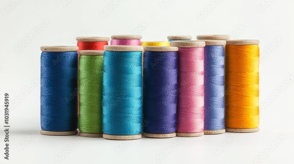 Spools of vibrant sewing threads stand isolated against a pristine white background. These threads, the lifeblood of clothing factories, are meticulously wound onto spools, ready to bring color Spools of vibrant sewing threads stand isolated against a pristine white background. These threads, the lifeblood of clothing factories, are meticulously wound onto spools, ready to bring color