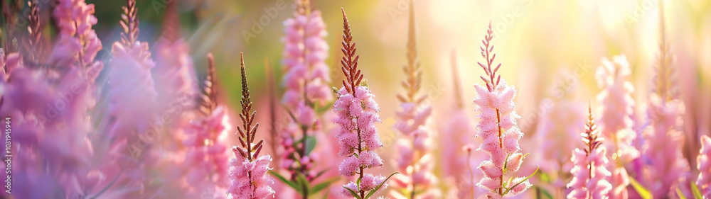 Pink wildflowers bathed in soft golden sunlight at dawn. Banner or header