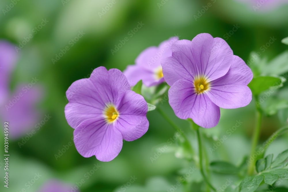 Delicate purple flowers bloom vibrantly in a lush green garden during springtime Delicate purple flowers bloom vibrantly in a lush green garden during springtime