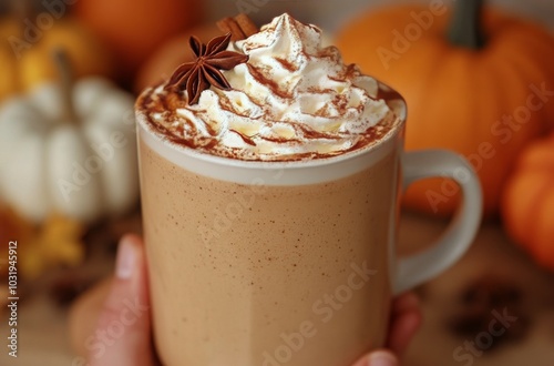 Delicious pumpkin spice beverage topped with whipped cream and spices during ...