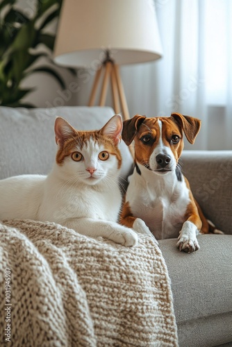A cat and dog relaxing together on a cozy couch in a warmly lit living room