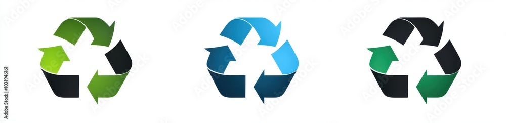 Three different colored recycling symbols. The first is green, the second is blue, and the third is black Three different colored recycling symbols. The first is green, the second is blue, and the third is black