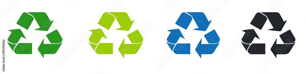 Four different colored recycling symbols. The symbols are green, blue, black and white Four different colored recycling symbols. The symbols are green, blue, black and white