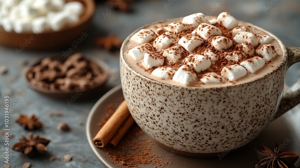 A mug of hot chocolate topped with marshmallows and cocoa powder, surrounded by cinnamon sticks, star anise, and chocolate pieces. A mug of hot chocolate topped with marshmallows and cocoa powder, surrounded by cinnamon sticks, star anise, and chocolate pieces.
