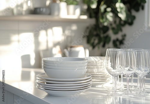 Elegant dining setup featuring stacked plates and glassware in a modern kitch...