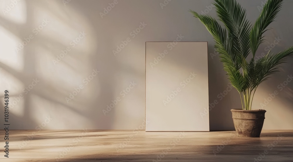 Large Empty Canvas on an Old Wooden Table Against a Light Gray Background Large Empty Canvas on an Old Wooden Table Against a Light Gray Background
