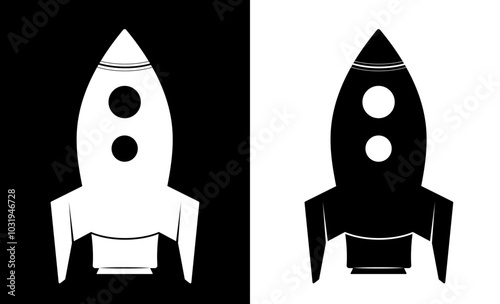 Abstract black and white spaceship rocket icon vector set. Creative spacecraft design to use for business goal, technology, science projects.