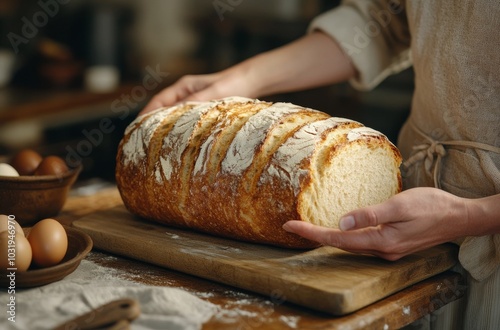 Freshly baked loaf of bread presented on a wooden board in a cozy kitchen set...