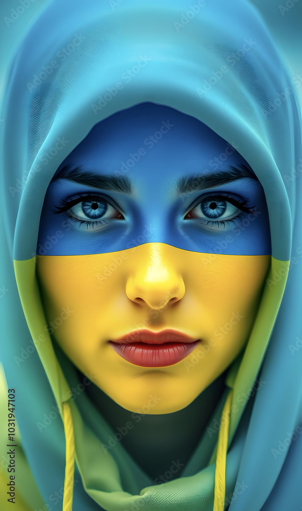 Ukrainian woman's face painted in blue and yellow tones. Independence Day of Ukraine. Prayer for Ukraine. Creative portrait for banner or poster design with space for text.