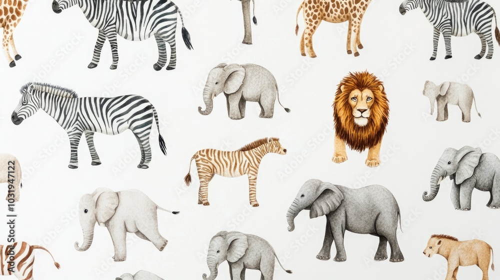 Safari-themed animal prints featuring zebras, lions, and elephants on a white background, perfect for a kids' room wall. Safari-themed animal prints featuring zebras, lions, and elephants on a white background, perfect for a kids' room wall.