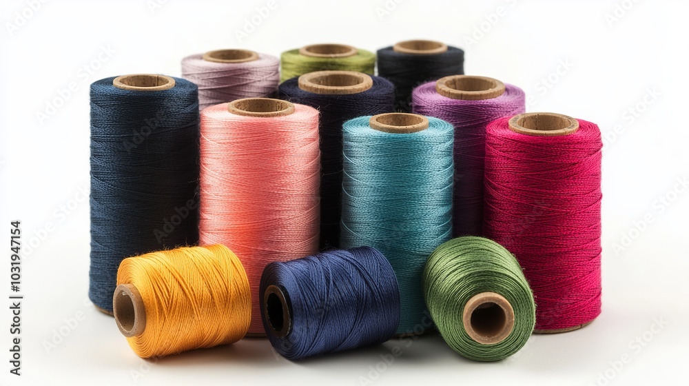 Spools of vibrant sewing threads stand isolated against a pristine white background. These threads, the lifeblood of clothing factories, are meticulously wound onto spools, ready to bring color Spools of vibrant sewing threads stand isolated against a pristine white background. These threads, the lifeblood of clothing factories, are meticulously wound onto spools, ready to bring color