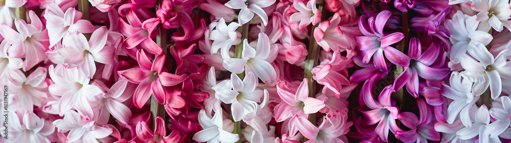 Close-up of vibrant hyacinth flowers in shades of pink, white, and purple. Banner or header