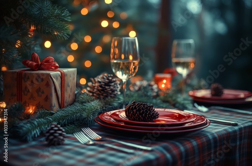 A beautifully decorated Christmas table with red plates, pinecones, and festi...