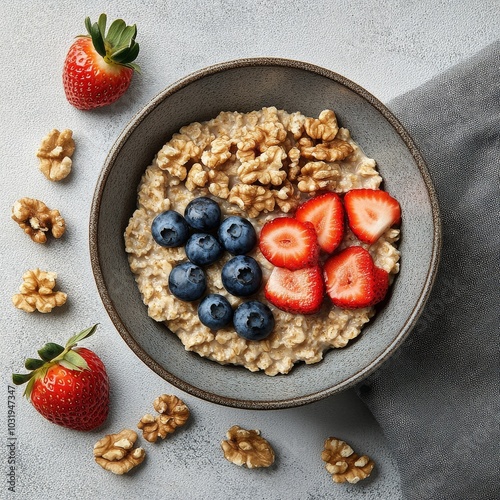 Healthy breakfast bowl featuring oatmeal topped with strawberries, blueberrie...