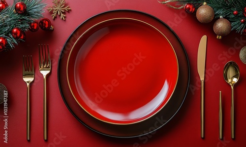 Elegant festive table setting with red plate and golden cutlery on a rich red...