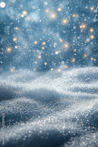 A tranquil winter wonderland with shimmering frost and soft snowflakes at sunset