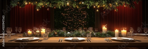 Elegant Christmas dinner table setting with candles and festive decor in a co...