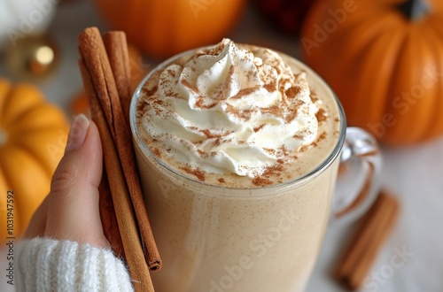 Hand holding a pumpkin spice beverage with whipped cream and cinnamon, surrou...