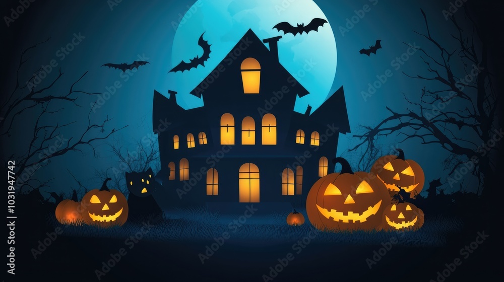 Spooky Halloween scene featuring a haunted house, glowing pumpkins, bats, and a mysterious black cat under the moonlight. Spooky Halloween scene featuring a haunted house, glowing pumpkins, bats, and a mysterious black cat under the moonlight.
