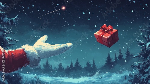 Magical Christmas night with Santas hand releasing a gift under starry sky