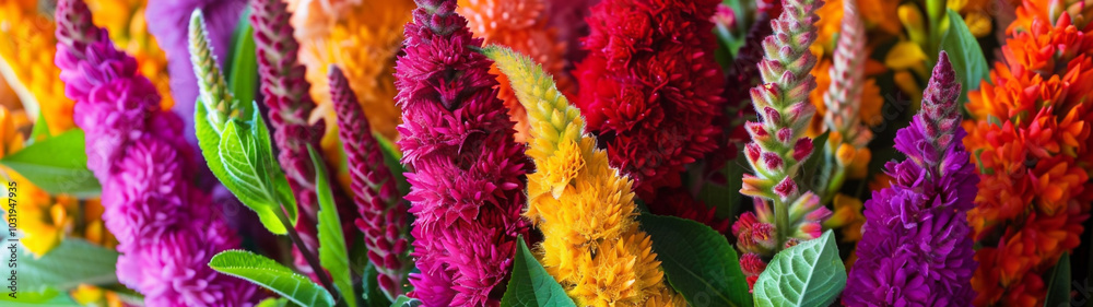 Vibrant multicolored celosia flowers in full bloom. Banner or header Vibrant multicolored celosia flowers in full bloom. Banner or header