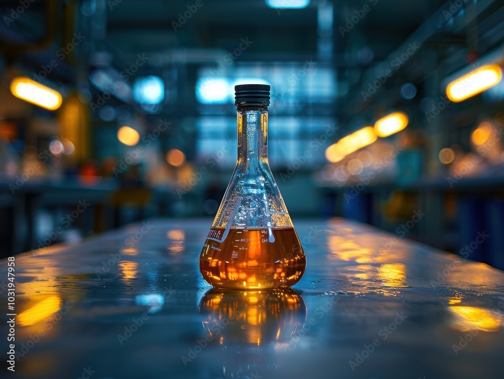 A laboratory setting featuring a single Erlenmeyer flask with amber liquid positioned prominently on a stainless steel table, illuminated by industrial lighting A laboratory setting featuring a single Erlenmeyer flask with amber liquid positioned prominently on a stainless steel table, illuminated by industrial lighting