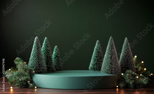 A festive display featuring miniature green trees and a circular platform on ...
