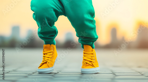 A person wearing vibrant green pants and yellow sneakers stands confidently on a city street at sunset, showcasing urban style and fashion. photo