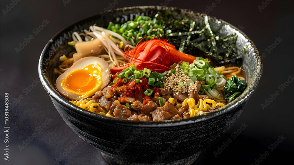 A gourmet ramen bowl with various toppings A gourmet ramen bowl with various toppings
