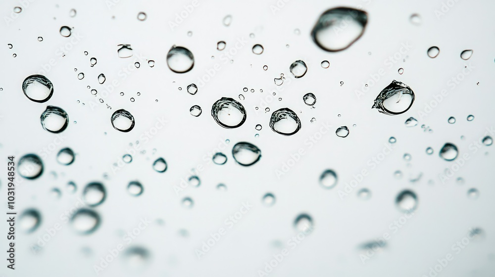 Transparent droplets suspended in mid-air against a white backdrop, emphasizing the purity and simplicity of raindrops in an abstract style. Transparent droplets suspended in mid-air against a white backdrop, emphasizing the purity and simplicity of raindrops in an abstract style.