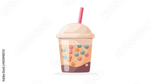 Vector illustration of a cute bubble tea cup with a lid, straw, and bright tapioca pearls, all in a simple, flat design on white.