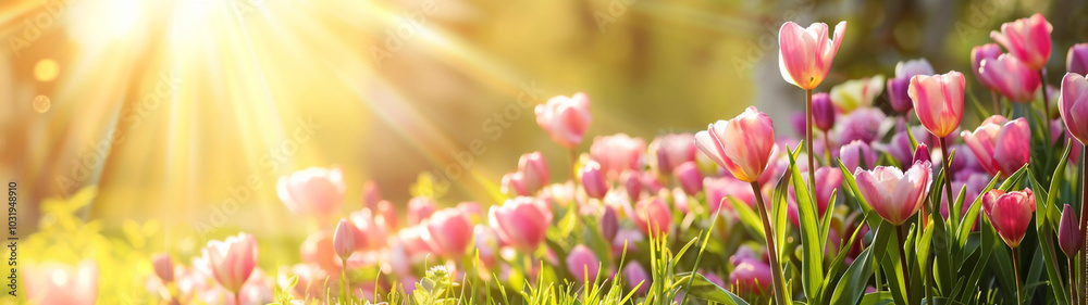 Fototapeta premium Pink tulips blooming in sunlight with warm morning glow. Banner or header