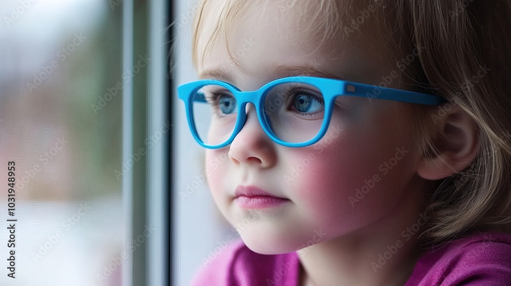 Young child wearing blue glasses focusing on distant tree outside window, symbolizing myopia prevention and importance of outdoor activities.