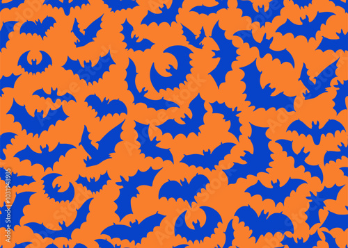 Halloween bats cloud seamless pattern. Template Hauntingly vector tile, featuring a nocturnal fly of winged vampire creature black silhouettes. Seamless pattern bats fly for holiday Halloween.